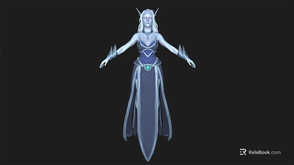 Fantasy Woman with White Hair Elf Ears Blue Purple Robe and Gemstone Belt 3d model 