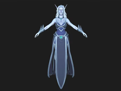 Fantasy Woman with White Hair Elf Ears Blue Purple Robe and Gemstone Belt 3d model