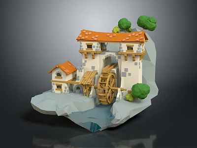 Low Poly Watermill Building With Orange Roof On Rock Surrounded By Trees 3d model