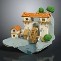 Low Poly Watermill Building With Orange Roof On Rock Surrounded By Trees