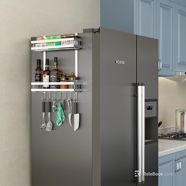 Hanging Kitchen Utensils Storage Rack On Refrigerator Side With Spices Bottles In Modern Kitchen 3d model 