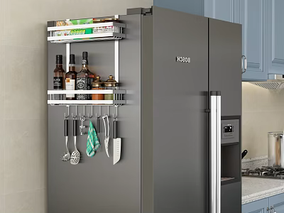 Hanging Kitchen Utensils Storage Rack On Refrigerator Side With Spices Bottles In Modern Kitchen 3d model