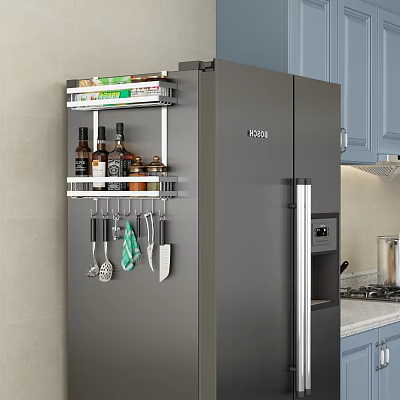 Hanging Kitchen Utensils Storage Rack On Refrigerator Side With Spices Bottles In Modern Kitchen 3d model