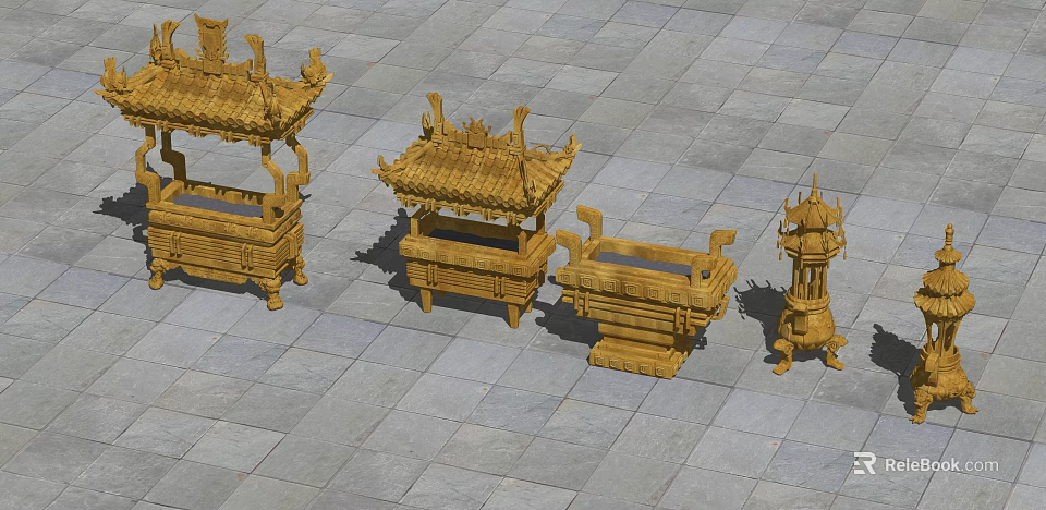 Ancient Chinese Wooden Carved Artifacts Featuring Traditional Architectural Style And Ornate Roof Designs 3d model 