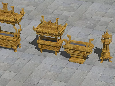 Ancient Chinese Wooden Carved Artifacts Featuring Traditional Architectural Style And Ornate Roof Designs 3d model