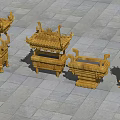 Ancient Chinese Wooden Carved Artifacts Featuring Traditional Architectural Style And Ornate Roof Designs