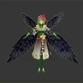 Fantasy Female Character With Large Black Avian Wings And Traditional Ornate Outfit Design