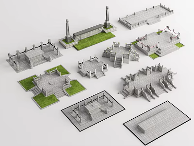 Various Stone Architectural Models With Steps Platforms And Green Grass Components 3d model