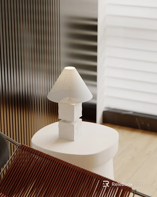 Modern White Table Lamp With Stacked Cube Base On Round Table By Window Shutter 3d model 
