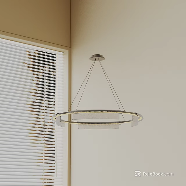 Modern Minimalist Circular Chandelier With Metal Frame And Lighting Against White Blinds In Corner 3d model 