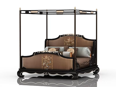 Chinese Style Four Poster Double Bed With Carved Details And Brown Frame 3d model