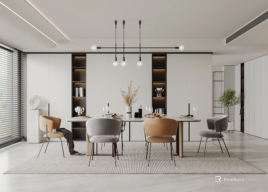 Modern Open Restaurant Interior With Dining Table Chairs Pendant Lights Bookshelves And Green Plants 3d model 