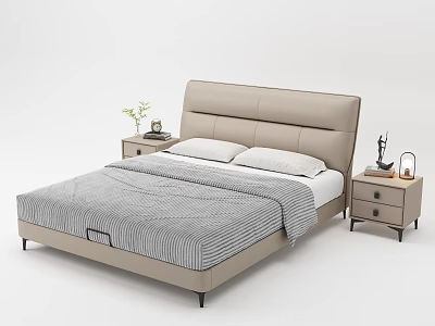 Modern Leather Headboard Double Bed with Beige Frame Gray Bedding and Bedside Tables 3d model