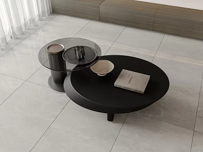 Modern Black Round Coffee Table With Bowl Book And Side Table In Living Room 3d model