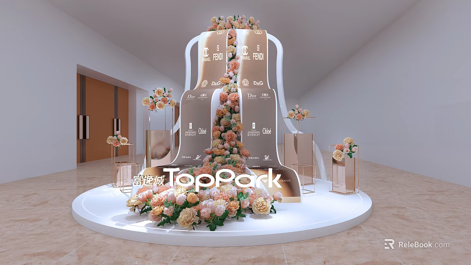 Floral Installation for TopPack Display with Tiered Structure and Peach Pink Flowers on White Platform 3d model 