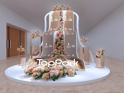 Floral Installation for TopPack Display with Tiered Structure and Peach Pink Flowers on White Platform 3d model