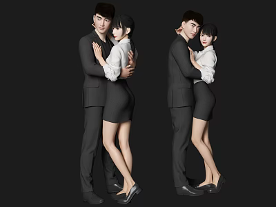 Couple In Suit And White Shirt Black Skirt With Intimate Hug On Black Background 3d model