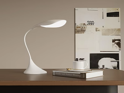 Modern White Desk Lamp With Curved Design On Wooden Table Beside Collage Wall Art 3d model
