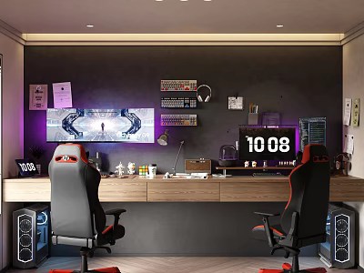 Gaming Entertainment Room With Dual Red Black Seats Large Screen And Wall Decorations 3d model