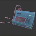 Vintage Electronic Control Panel Blue Industrial Design With Red Grid Display Knobs Buttons And Cables