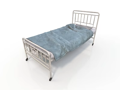 Metal Frame Hospital Bed With Blue Blanket And Wheels On White Background 3d model