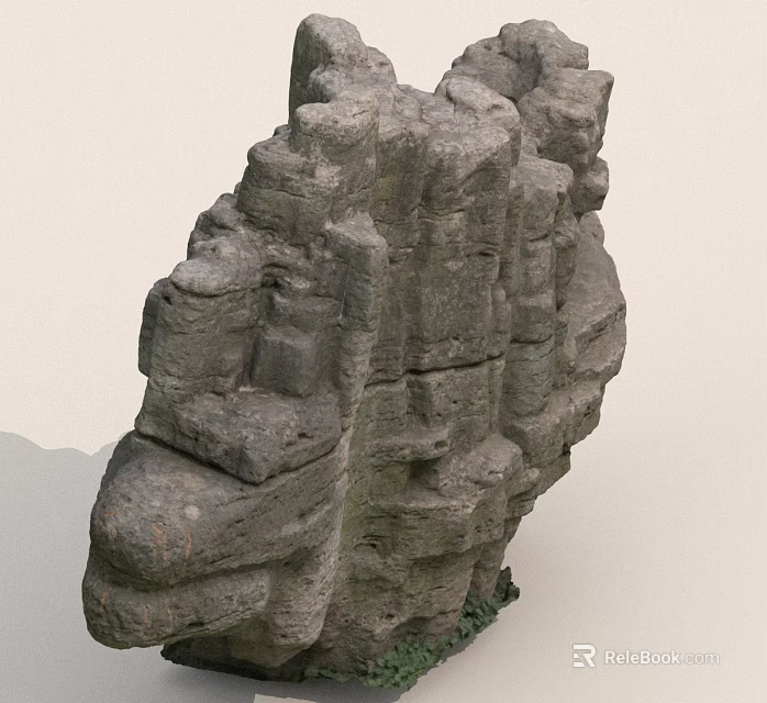 Natural Irregular Rock Formation With Layered Textures And Small Green Plants 3d model 