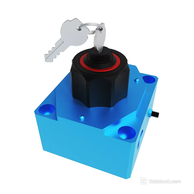 Blue Mechanical Device With Key Inserted In Black Knob And Square Base 3d model