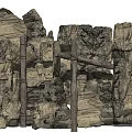 Natural Garden Ornament With Textured Rock Formations And Rustic Wooden Frames