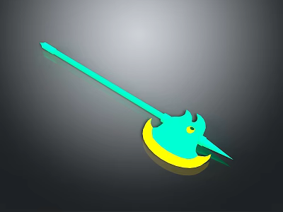 3D Rendered Teal And Yellow Spear Axe With Long Handle Flame Shaped Blade And Spike 3d model