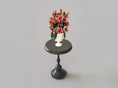 Black Round Side Table With White Vase Holding Pink And Orange Flowers And Green Leaves 3d model