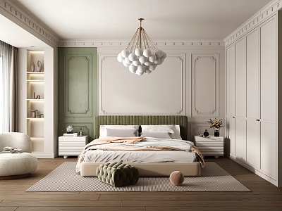Elegant Modern Bedroom Interior Design With Green Wall Ball Chandelier White Wardrobes And Beige Bed 3d model