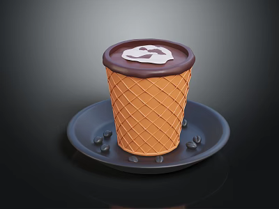Waffle Cone Dessert With Chocolate Lid White Cream Topping On Black Plate And Chocolate Chips 3d model