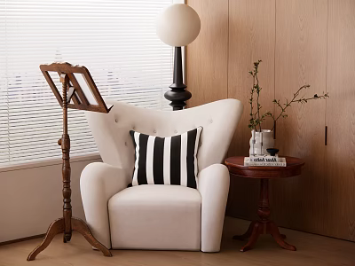 White Single Sofa Interior With Striped Pillow Floor Lamp Wooden Side Table And Potted Plant 3d model