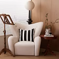 White Single Sofa Interior With Striped Pillow Floor Lamp Wooden Side Table And Potted Plant
