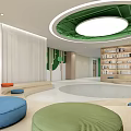 Book Art Themed Interior Space with Circular Platform Colorful Cushions Bookshelves and Green Ceiling Design