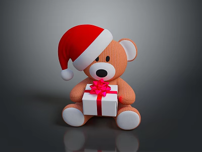Cute Teddy Bear Wearing Red Santa Hat Holding White Gift Box with Red Ribbon 3d model