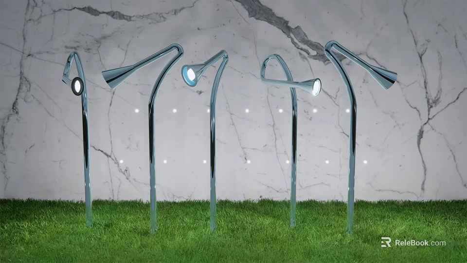 Outdoor Lights With Curved Metal Poles Bright Illumination For Garden Grass Landscape 3d model 