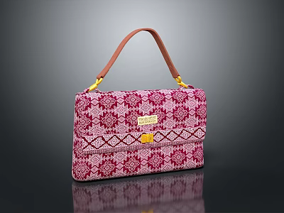 Stylish Pink Red Patterned Handbag With Brown Leather Handle And Golden Buckle 3d model