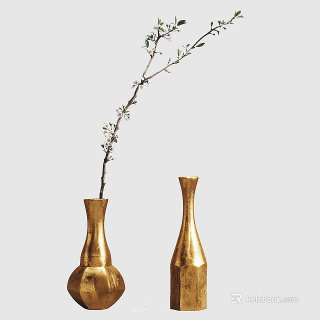 Golden Ceramic Vases with Flower Branch and Small Flowers and Green Leaves 3d model 