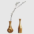 Golden Ceramic Vases with Flower Branch and Small Flowers and Green Leaves