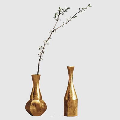 Golden Ceramic Vases with Flower Branch and Small Flowers and Green Leaves 3d model