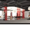 Modern Public Office Space With Red Curved Partitions Glass Walls And Open Layout