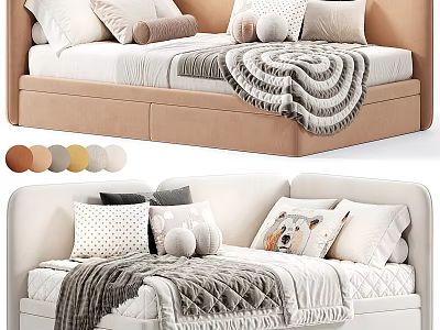 Kids Bed With Upholstered Headboard Decorative Pillows Blanket And Stuffed Bear Toy Multiple Color Options 3d model