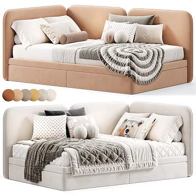 Kids Bed With Upholstered Headboard Decorative Pillows Blanket And Stuffed Bear Toy Multiple Color Options 3d model