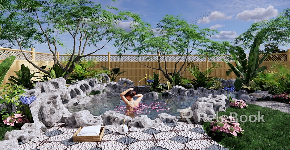 New Chinese Style Hot Spring Pool Hot Spring Pool Zen Courtyard Garden Petal Hot Spring Pool Hot Spring Hotel Private Soup Pool Garden Open-air Pool model