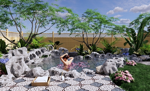 New Chinese Style Hot Spring Pool Hot Spring Pool Zen Courtyard Garden Petal Hot Spring Pool Hot Spring Hotel Private Soup Pool Garden Open-air Pool 3d model