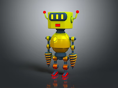 Yellow Mechanical Robot Character With Red Antennae Spring Arms And Red Feet 3d model