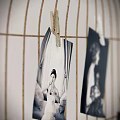 Rustic Birdcage Hanging Decor With Black White Photos Cards And Clothespins