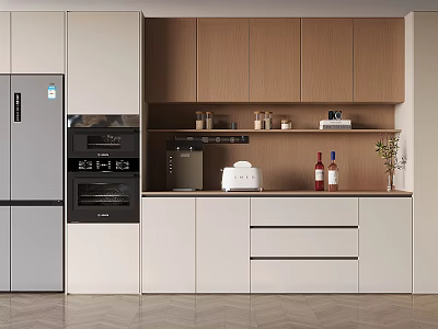 Modern Wooden Wine Cabinet in Contemporary Kitchen Interior With Storage Shelves Bottles And Decorative Plants 3d model