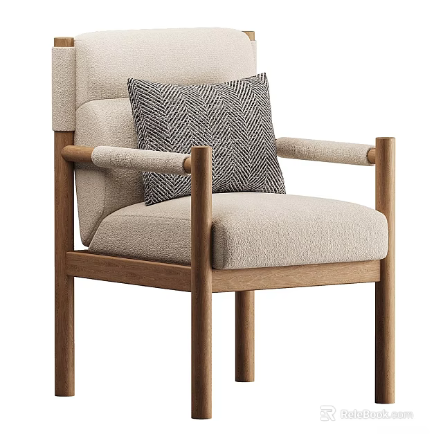 Stylish Single Sofa With Wooden Frame And Beige Fabric Upholstery Featuring Gray Accent Pillow 3d model 